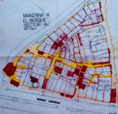 Plano de la mazana 4, zona 4 del sector del Bosque del Programa de Mejoramiento del Barrio Moravia en 1988
Gilberto Arango, 1988
CEHAP
Palabras clave: MAPAS MORAVIA