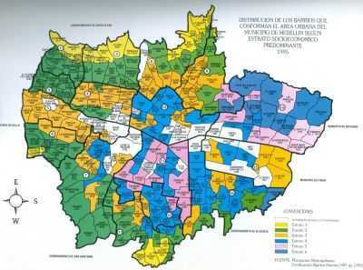 Mapa de distribución de los barrios que conforman el area urbana del Municipio de Medellín segun estrato socioeconómico, 1995
Municipio de Medellín, 1995
Palabras clave: Mapas Planos Medellín Cartografía