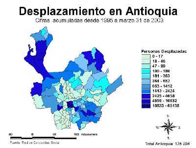 Mapa de Desplazamiento en Antioquia de 1995 a 2003
Red de Solidaridad Social
Palabras clave: MAPAS DESPLAZAMIENTO
