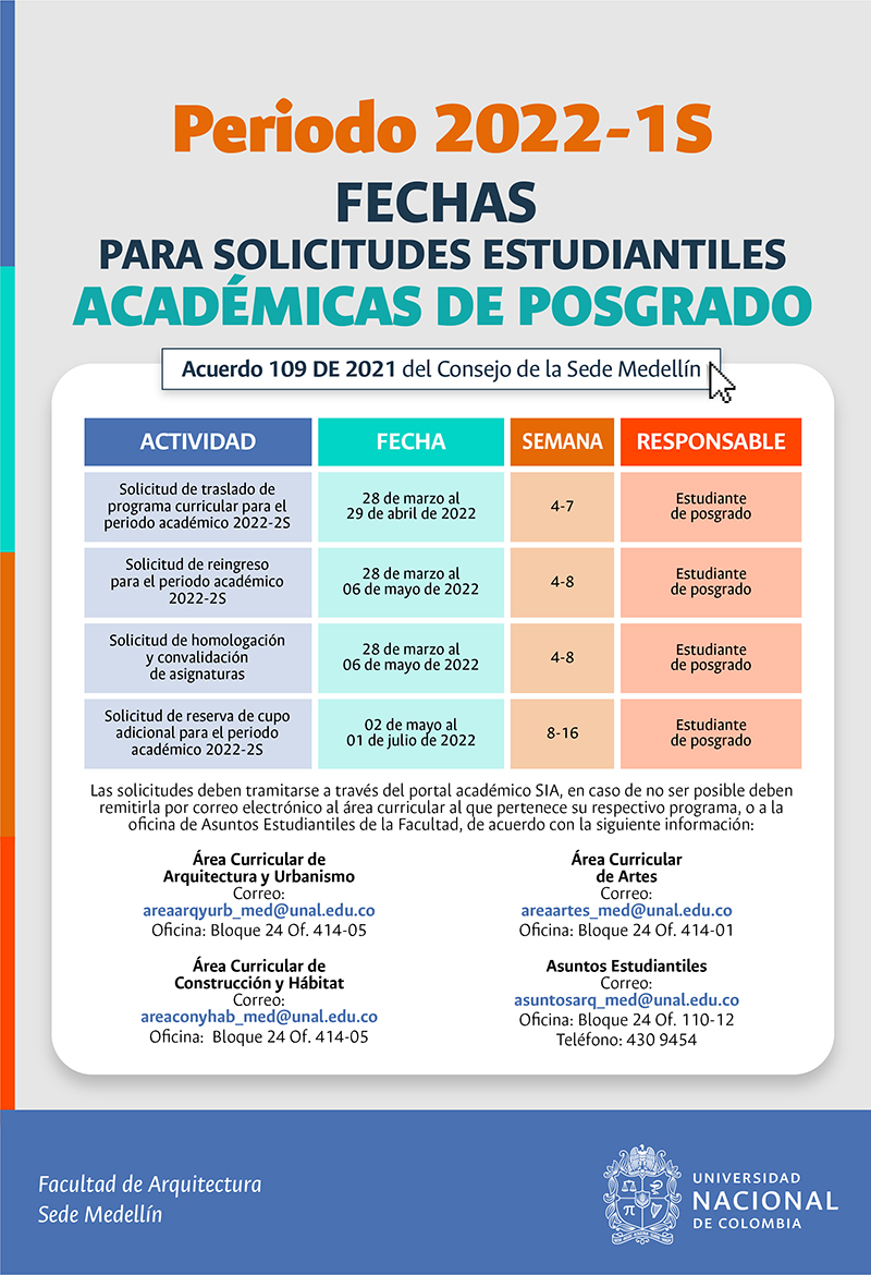 Fechas para solicitudes estudiantiles académicas de posgrado - Periodo 2022-1S