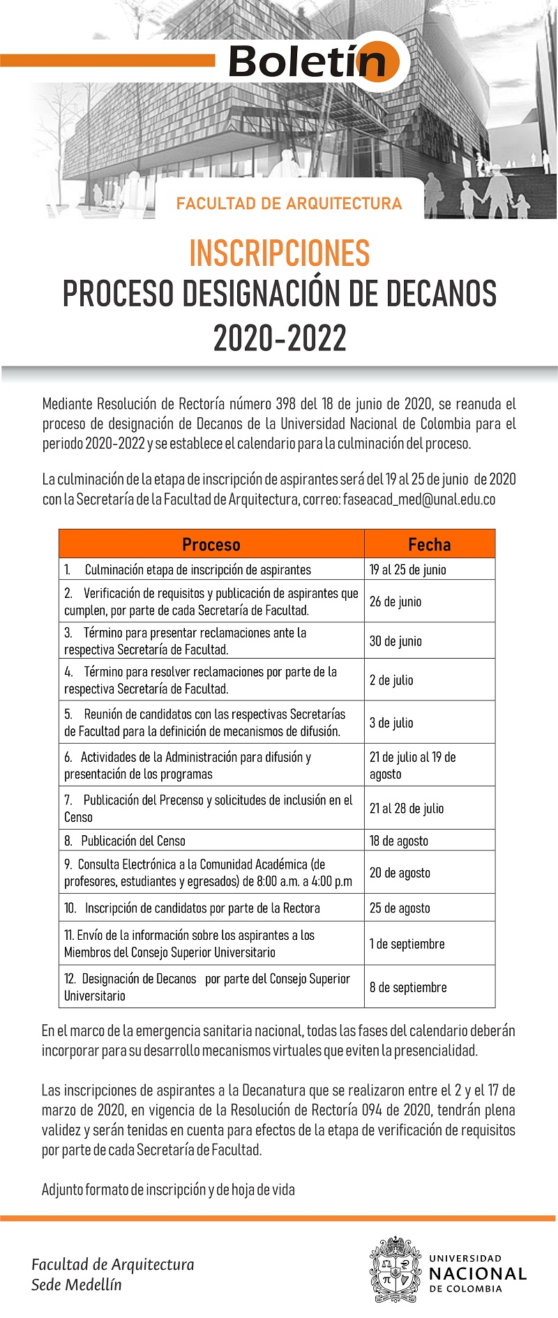 Se reanuda el proceso de designación de Decanos de la Universidad Nacional de Colombia